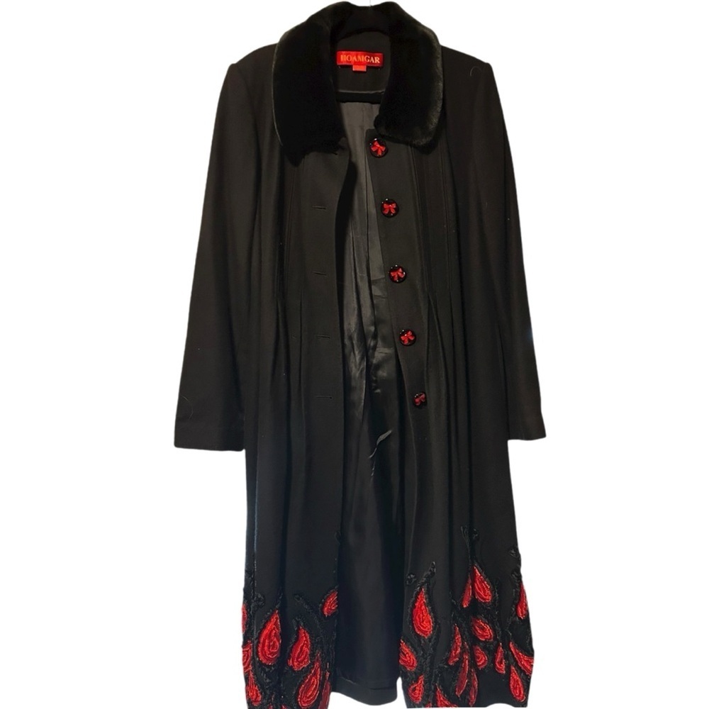Hoamgar Black Wool Coat with Red Floral Accents – Size M (NWT)